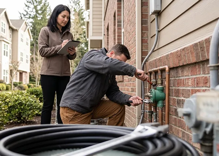 Plumber performing preventive maintenance on common-area piping | plumbing contracts for hoas