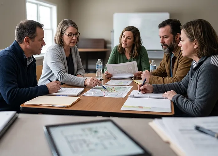Team reviewing and updating an HOA disaster response plan together | hoa disaster team