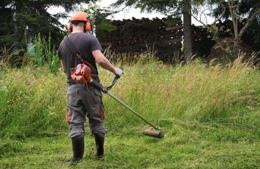Landscapers men gardeners cutting grass with string lawn trimmers